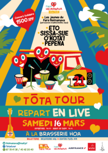 Magnifique affiche du Tota Tour, très coloré, avec des coeurs qui jouent des percussions et ukulélé, avec un truc pour illustrer celui de la Brasserie Hoa